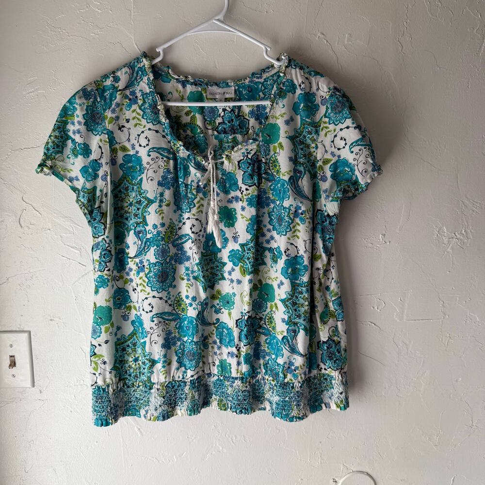 Fashion Bug Size XL Cotton Blue Green Floral Short Sleeve‎ Blouse